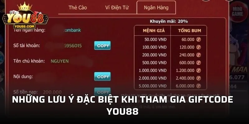 Những lưu ý đặc biệt khi tham gia Giftcode YOU88
